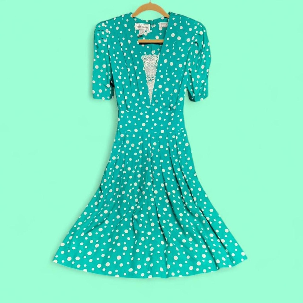 Vintage Karin Stevens Dress 8 Teal Polka Dot Lace Pleated 90s Retro